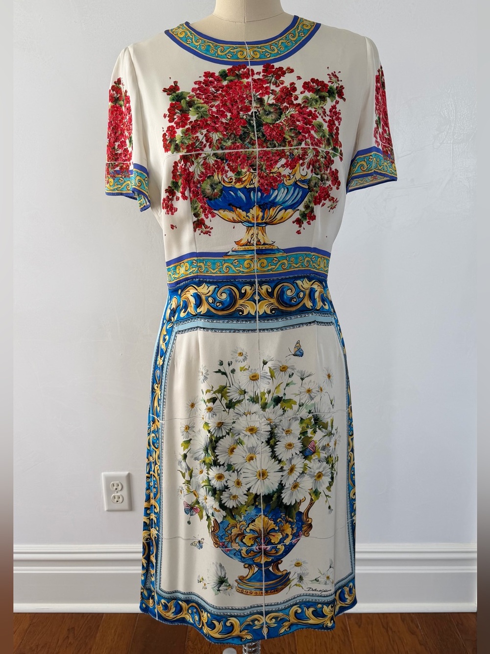 Dolce and Gabbana- Floral Vase Print Ivory Midi Dress with Blue Trim